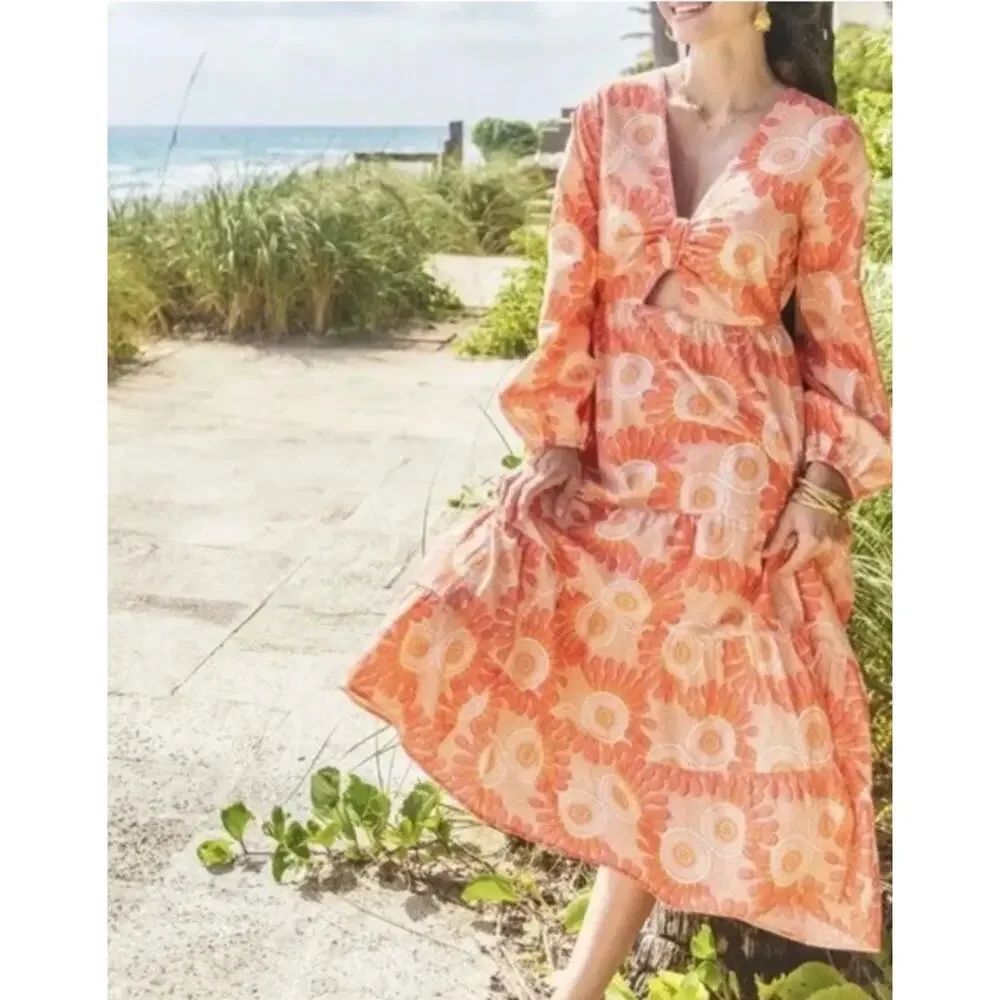 NWT FIGUE Camila Celestial Moon Cutout Cotton Midi Dress Medium Orange